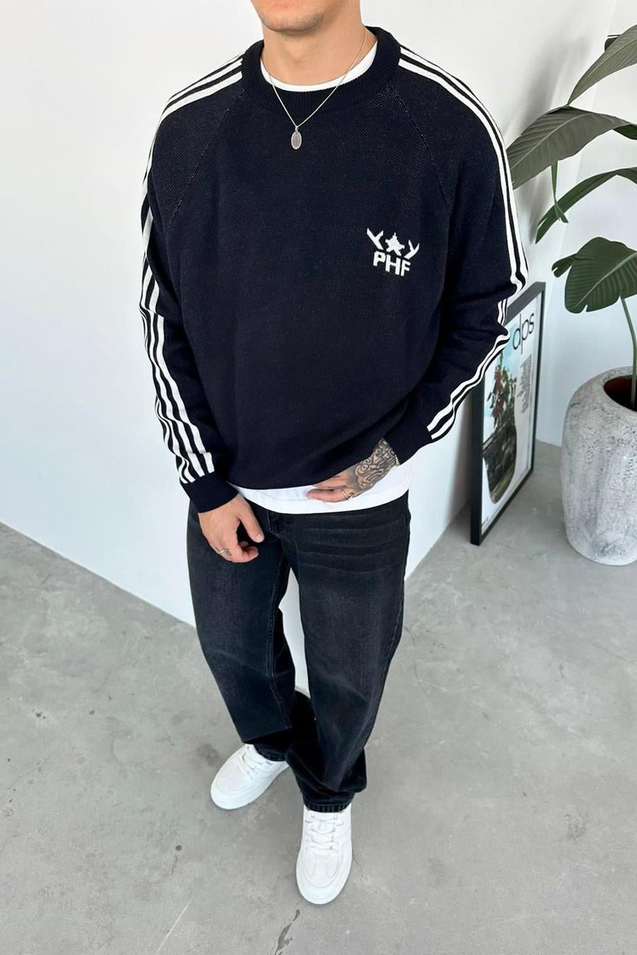 Lacivert Şerit Detay Baskılı Oversize Sweat