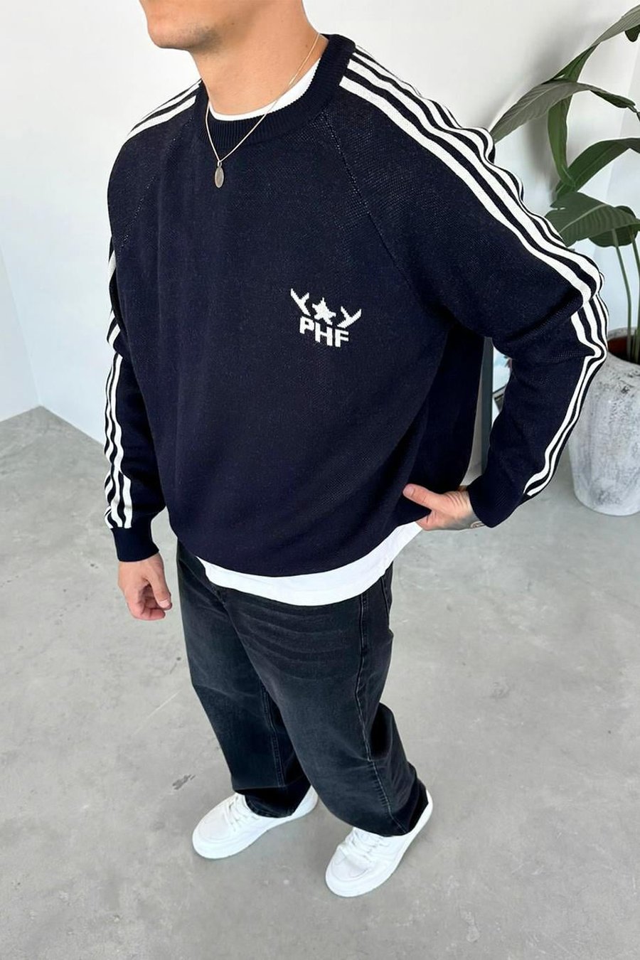 Lacivert Şerit Detay Baskılı Oversize Sweat