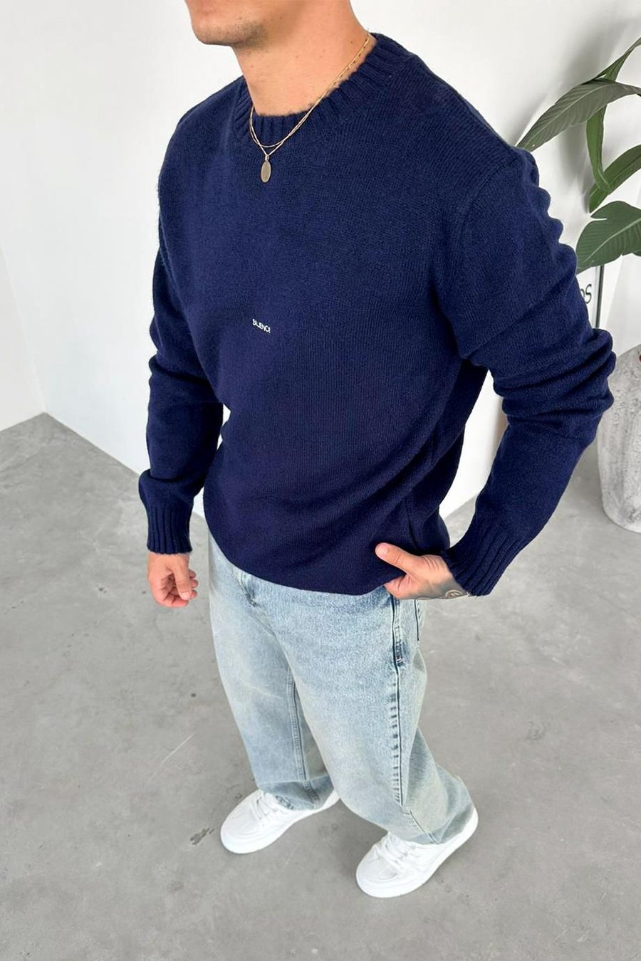 Lacivert Sılence Nakış Soft Relaxed Kazak