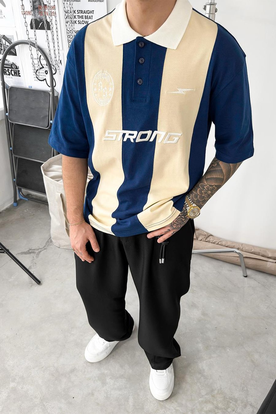Lacivert Strong Nakış Detay Oversize Polo Yaka Tişört