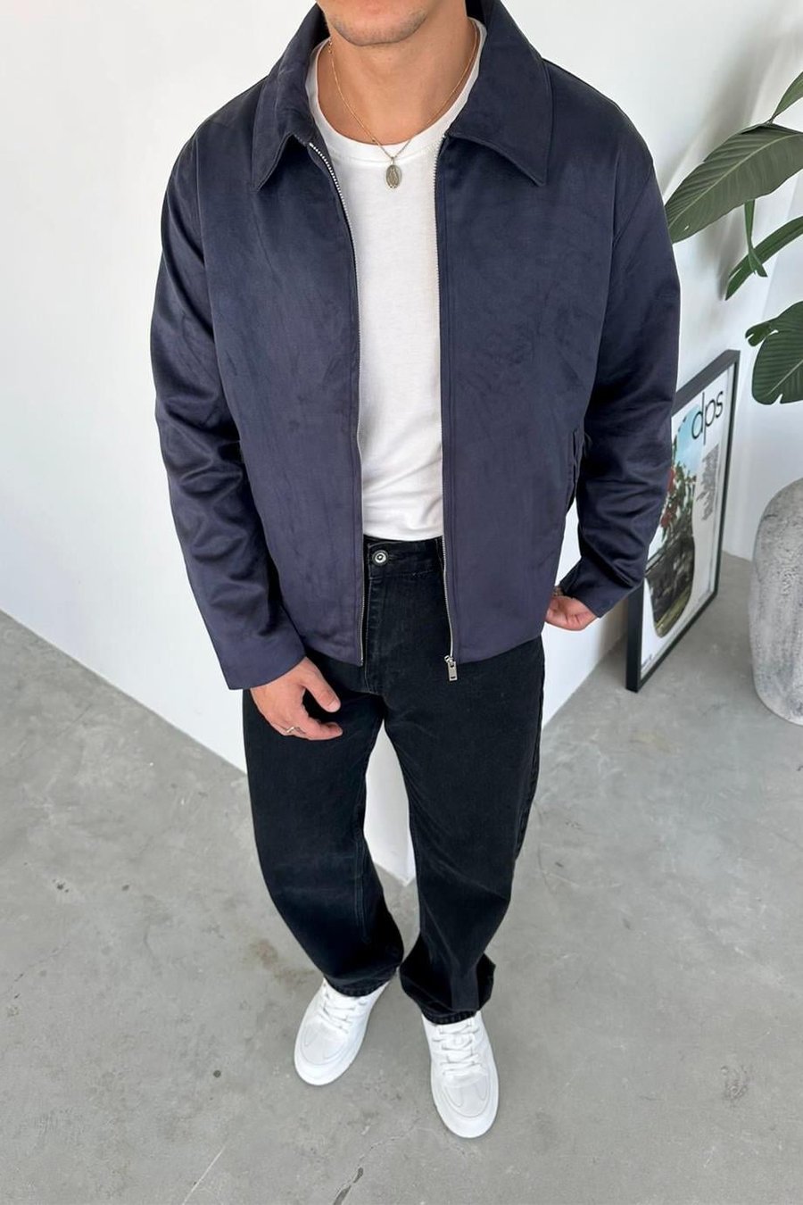 Lacivert Süet Kumaş Basic Relaxed Ceket