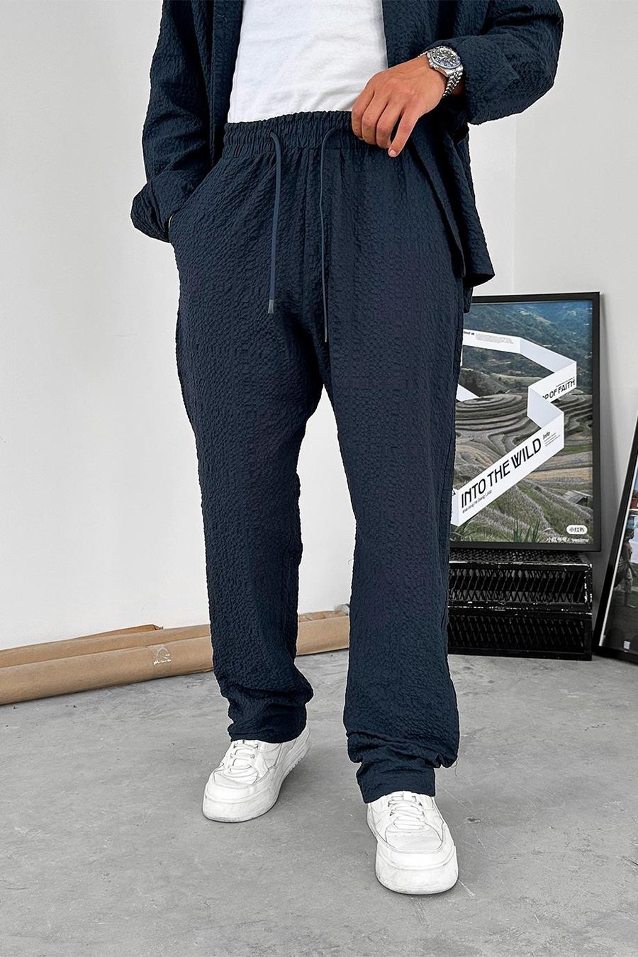 Lacivert Waffle Dokulu Premium Baggy Pantolon