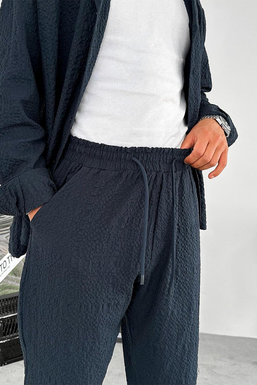 Lacivert Waffle Dokulu Premium Baggy Pantolon