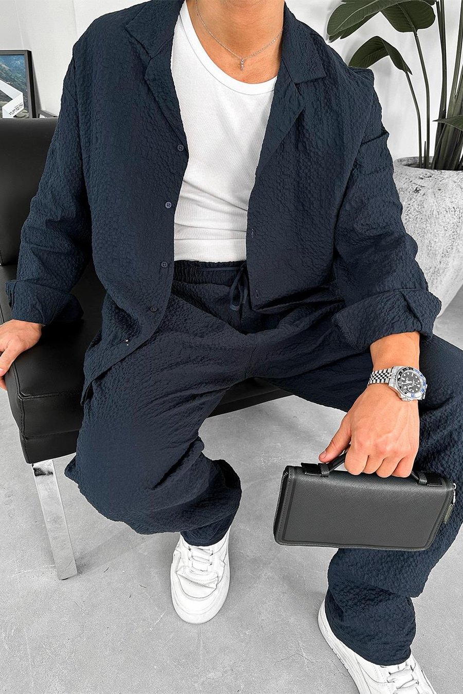 Lacivert Waffle Dokulu Premium Oversize Gömlek