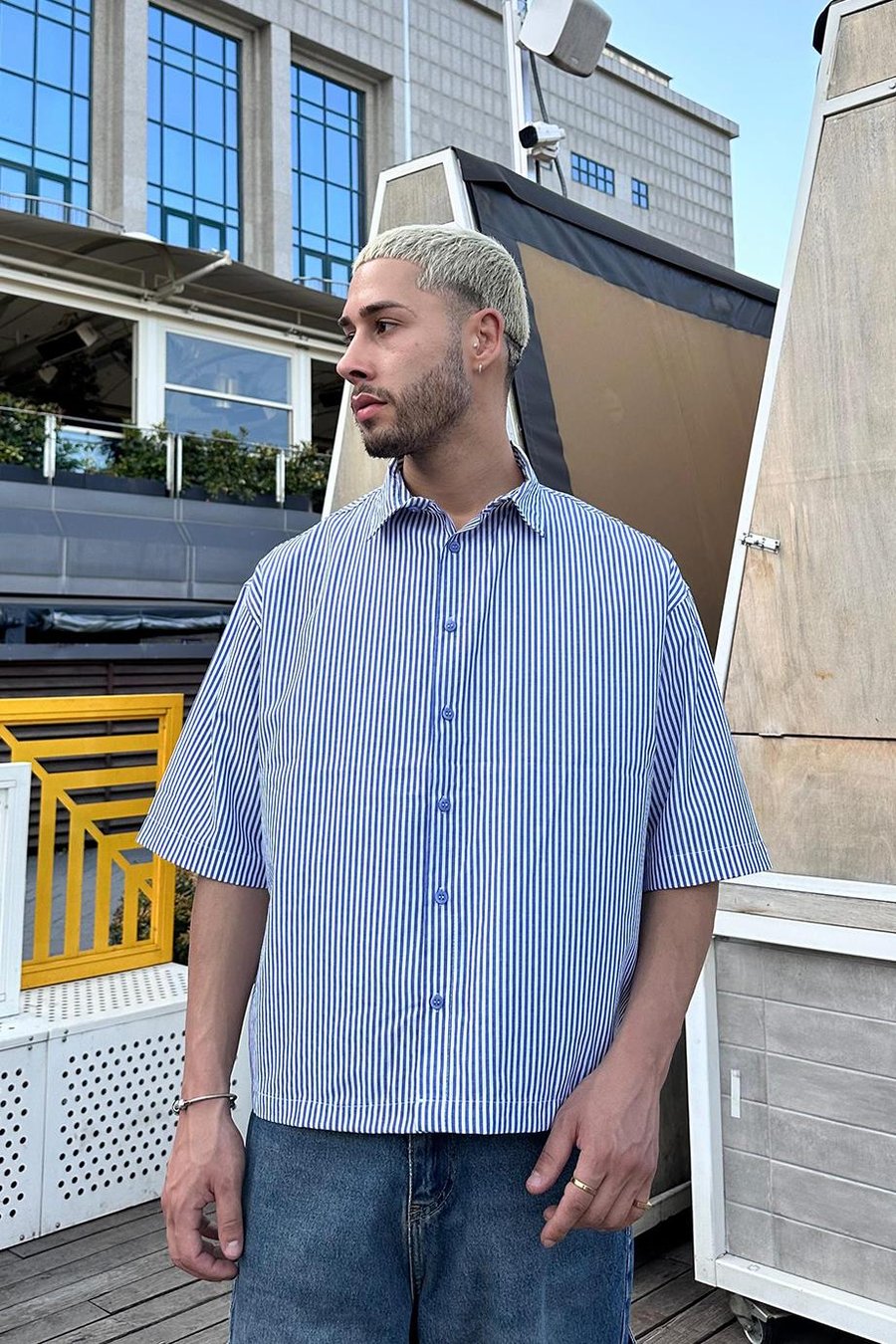 Mavi Beyaz İnce Çizgili 93 PM Oversize Gömlek