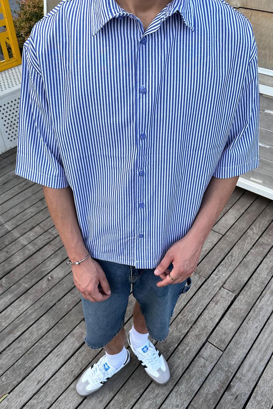 Mavi Beyaz İnce Çizgili 93 PM Oversize Gömlek