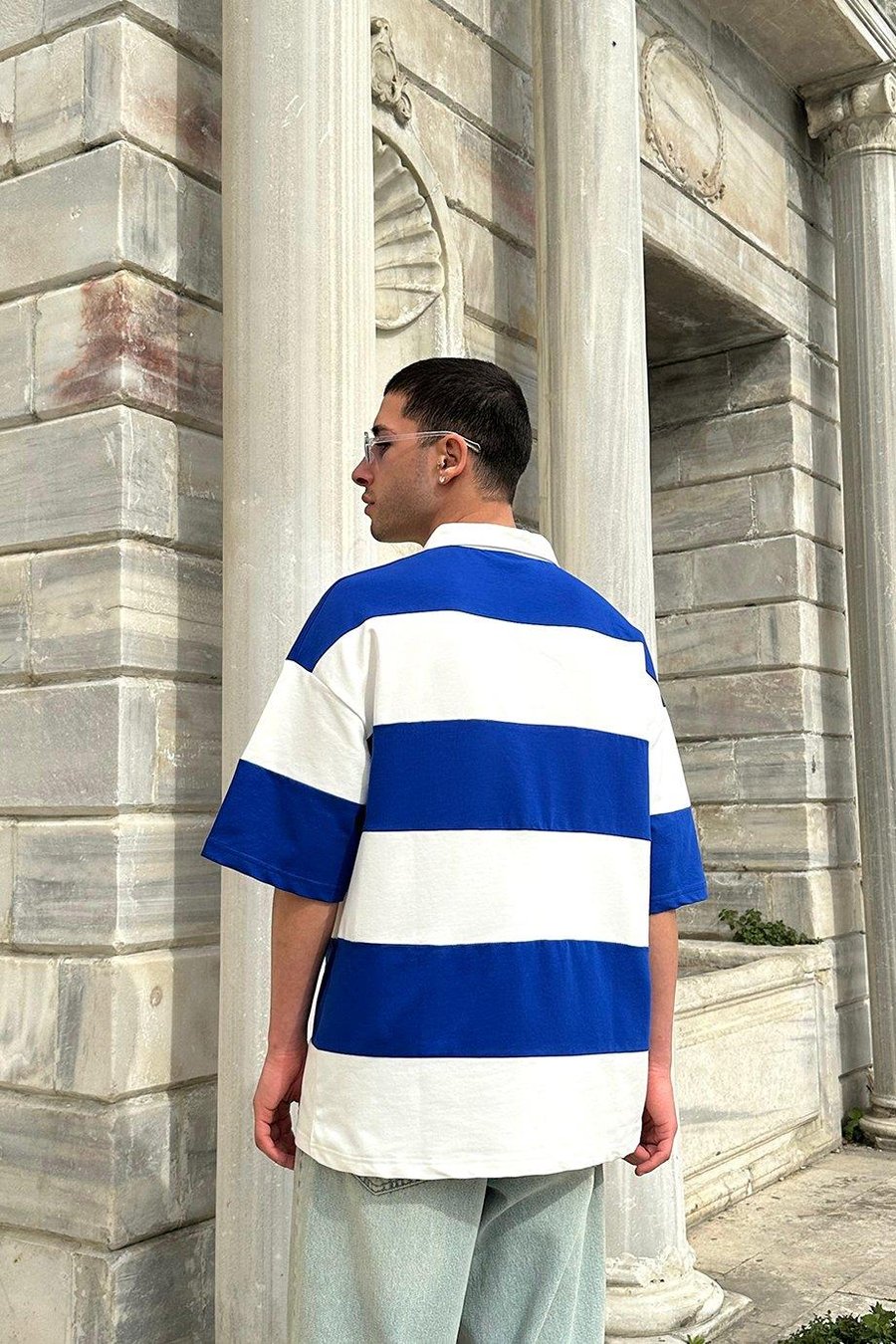 Mavi Polo Yaka  Çizgili EE Oversize Tişört