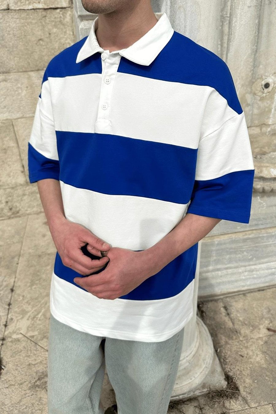 Mavi Polo Yaka  Çizgili EE Oversize Tişört
