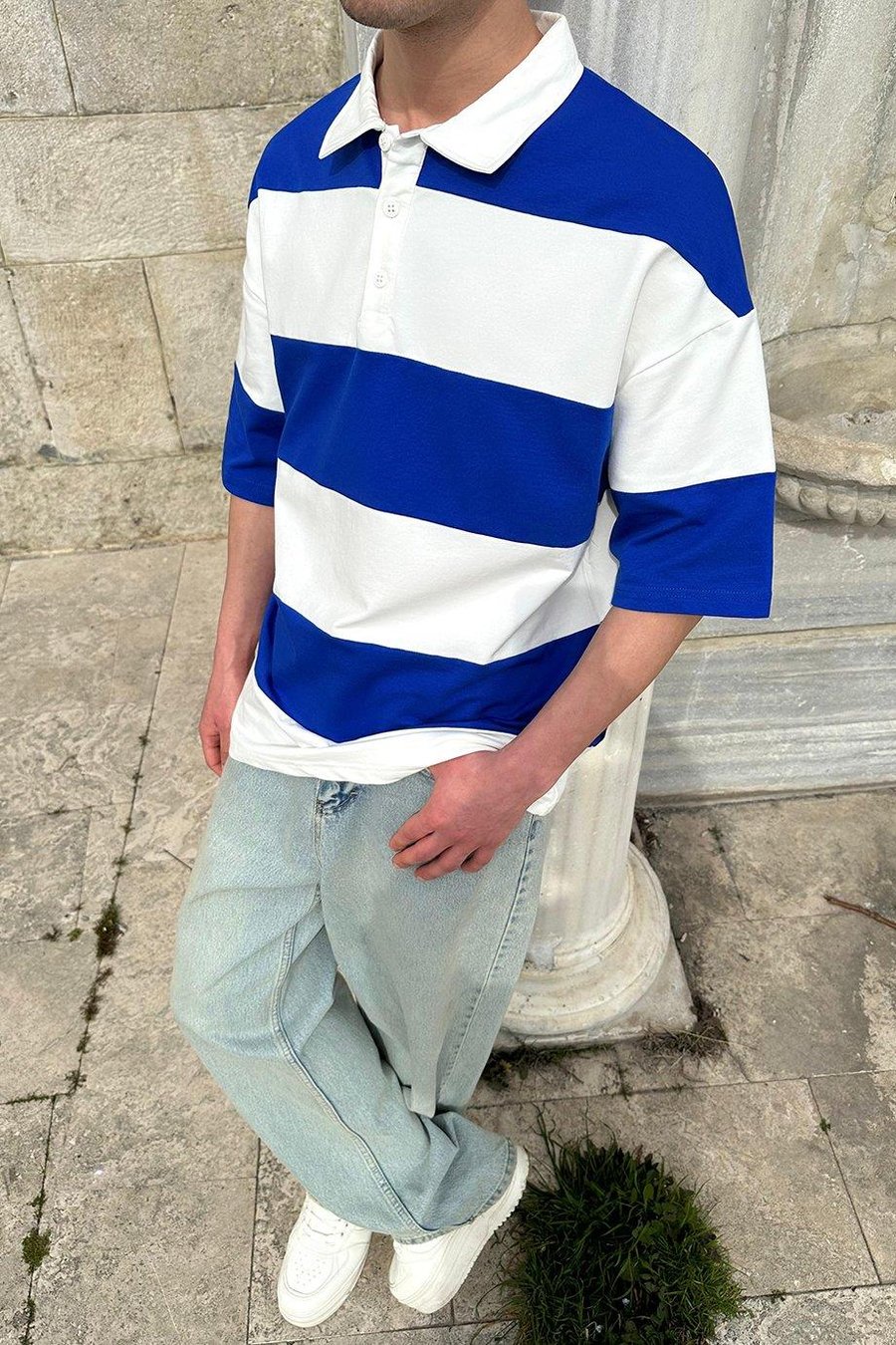 Mavi Polo Yaka  Çizgili EE Oversize Tişört
