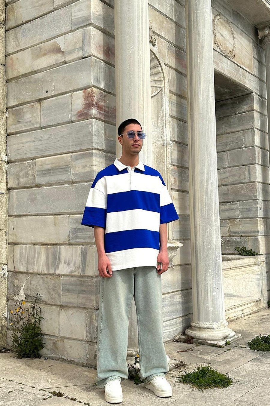 Mavi Polo Yaka  Çizgili EE Oversize Tişört