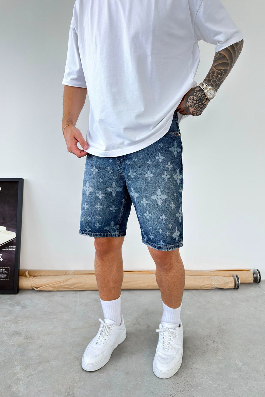 Mavi Premium Baskılı Baggy Kot Şort