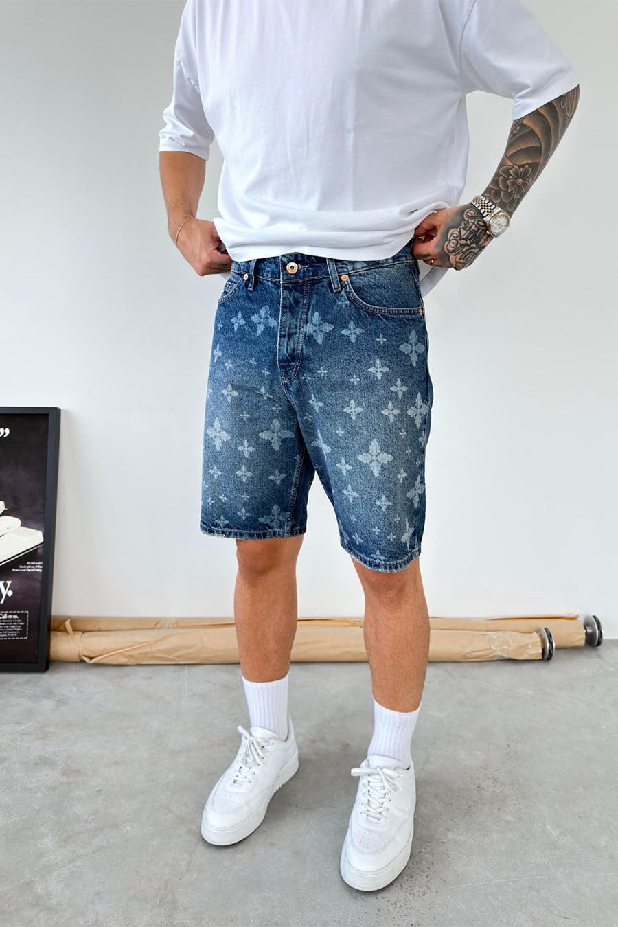 Mavi Premium Baskılı Baggy Kot Şort