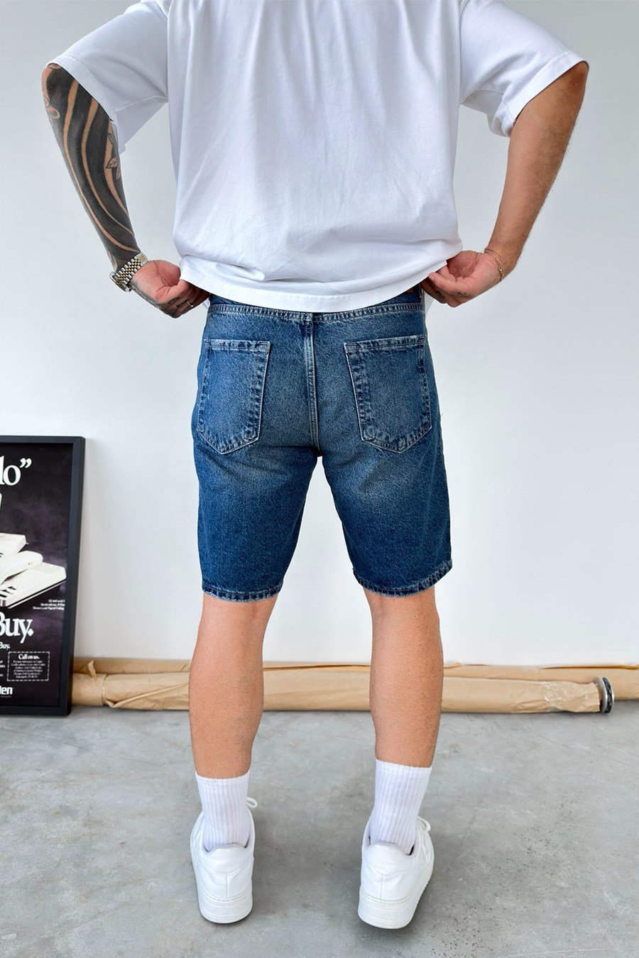 Mavi Premium Baskılı Baggy Kot Şort