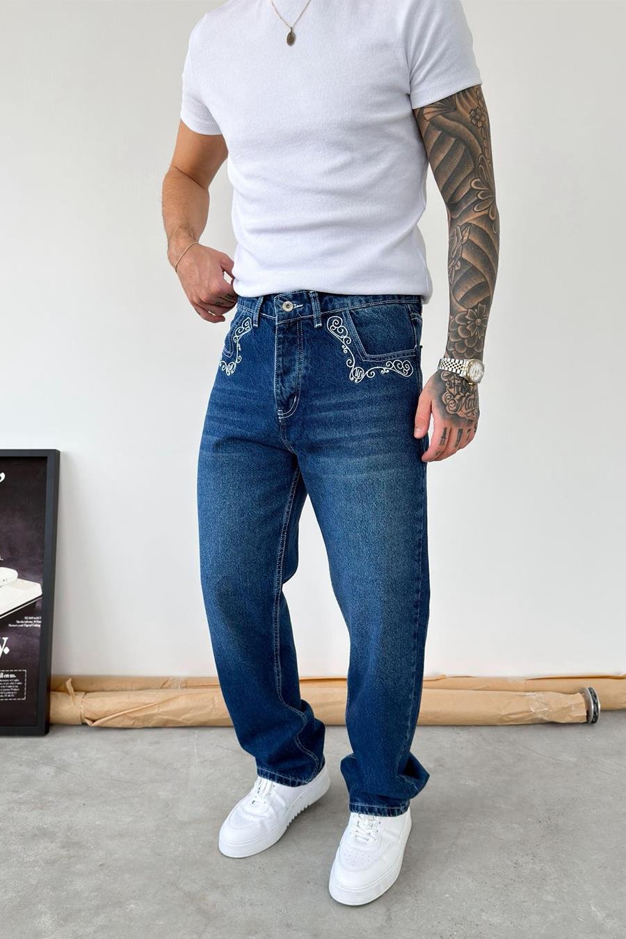 Mavi Premium Nakış Detaylı Baggy Pantolon