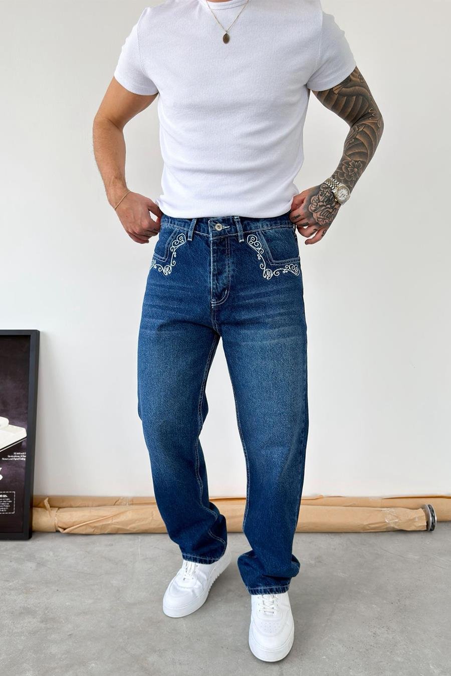 Mavi Premium Nakış Detaylı Baggy Pantolon