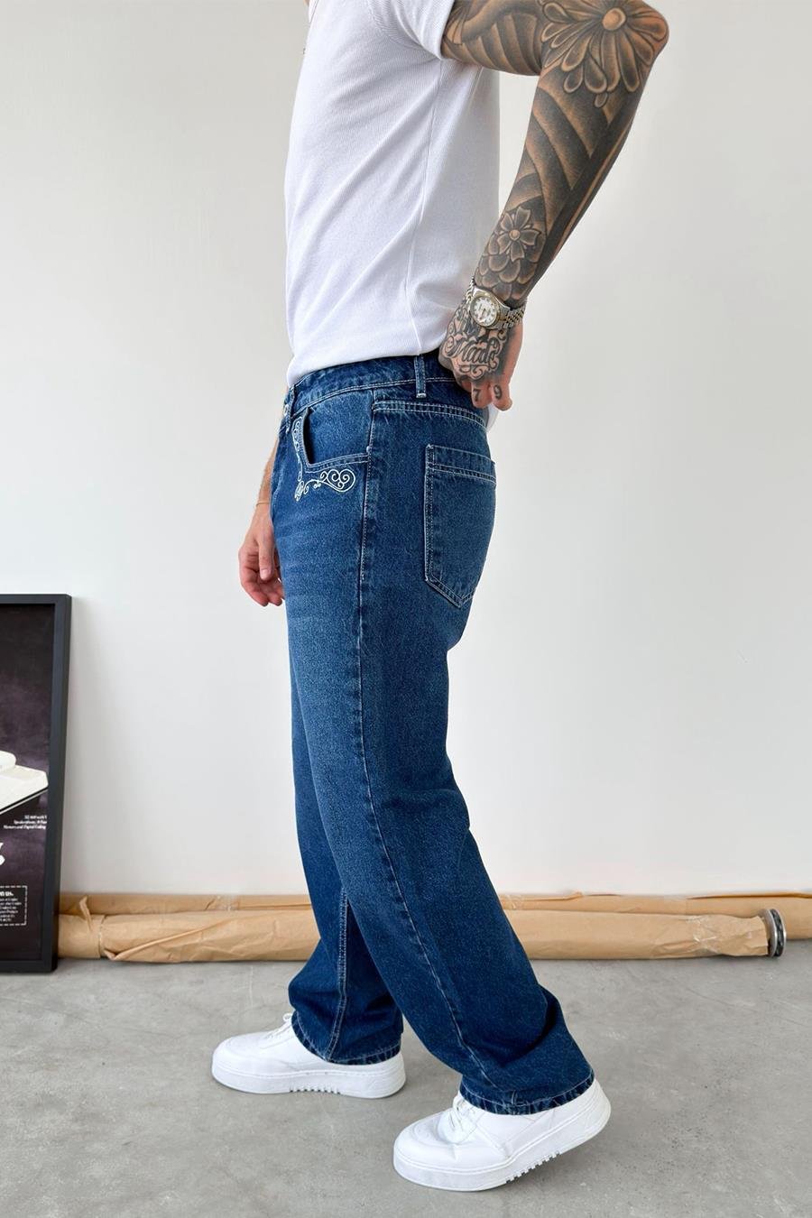 Mavi Premium Nakış Detaylı Baggy Pantolon