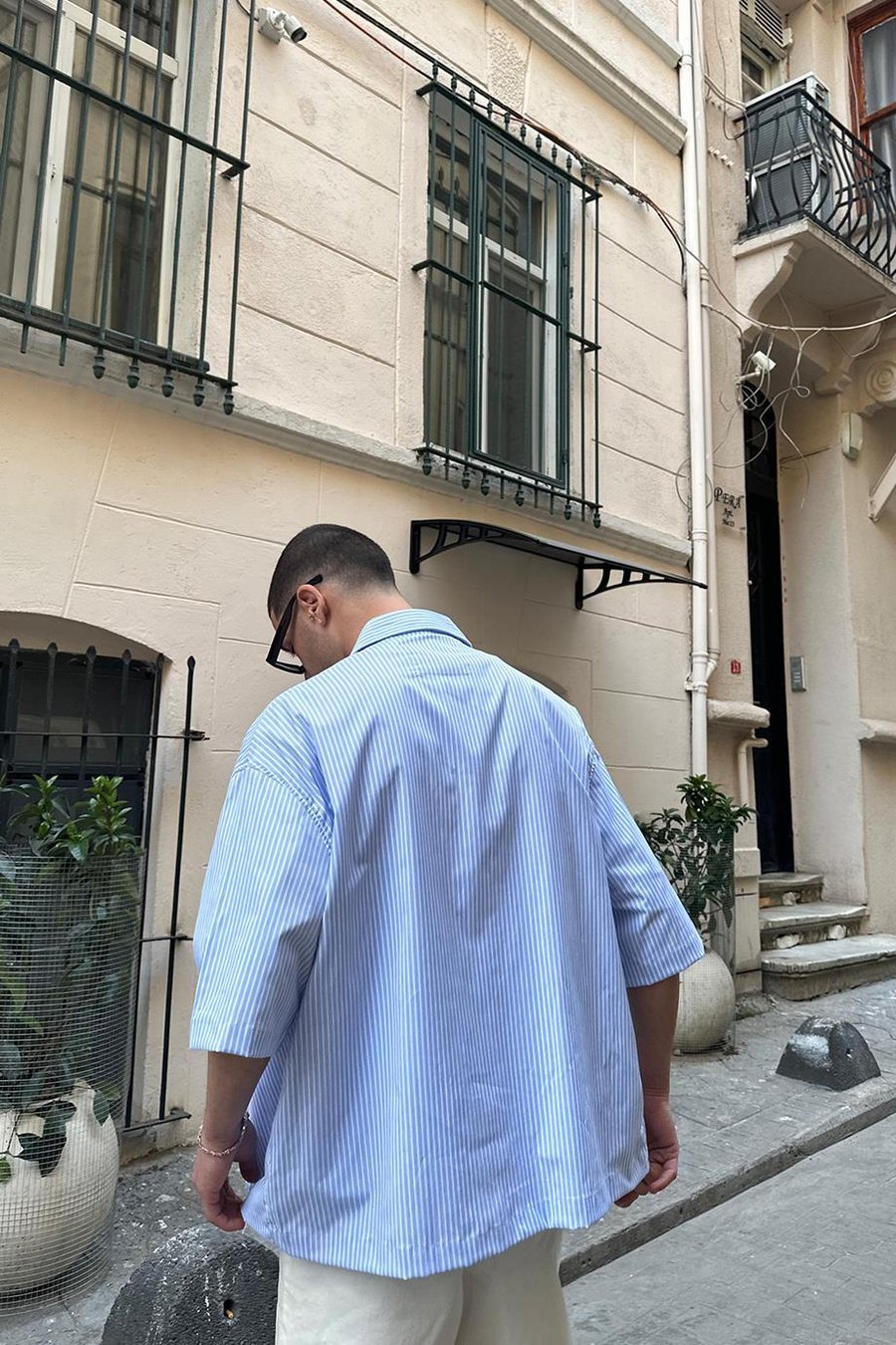 Mavi Şerit Detay Ön Cepli 07 PH Oversize Gömlek
