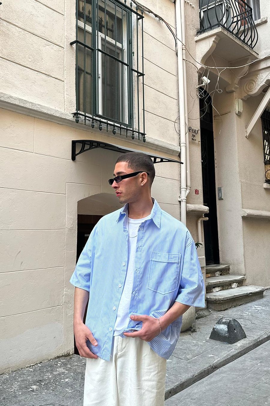 Mavi Şerit Detay Ön Cepli 07 PH Oversize Gömlek