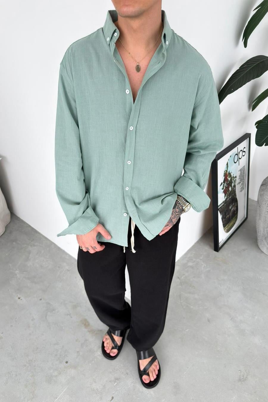 Mint Yeşili Oversize Fresh Keten Gömlek