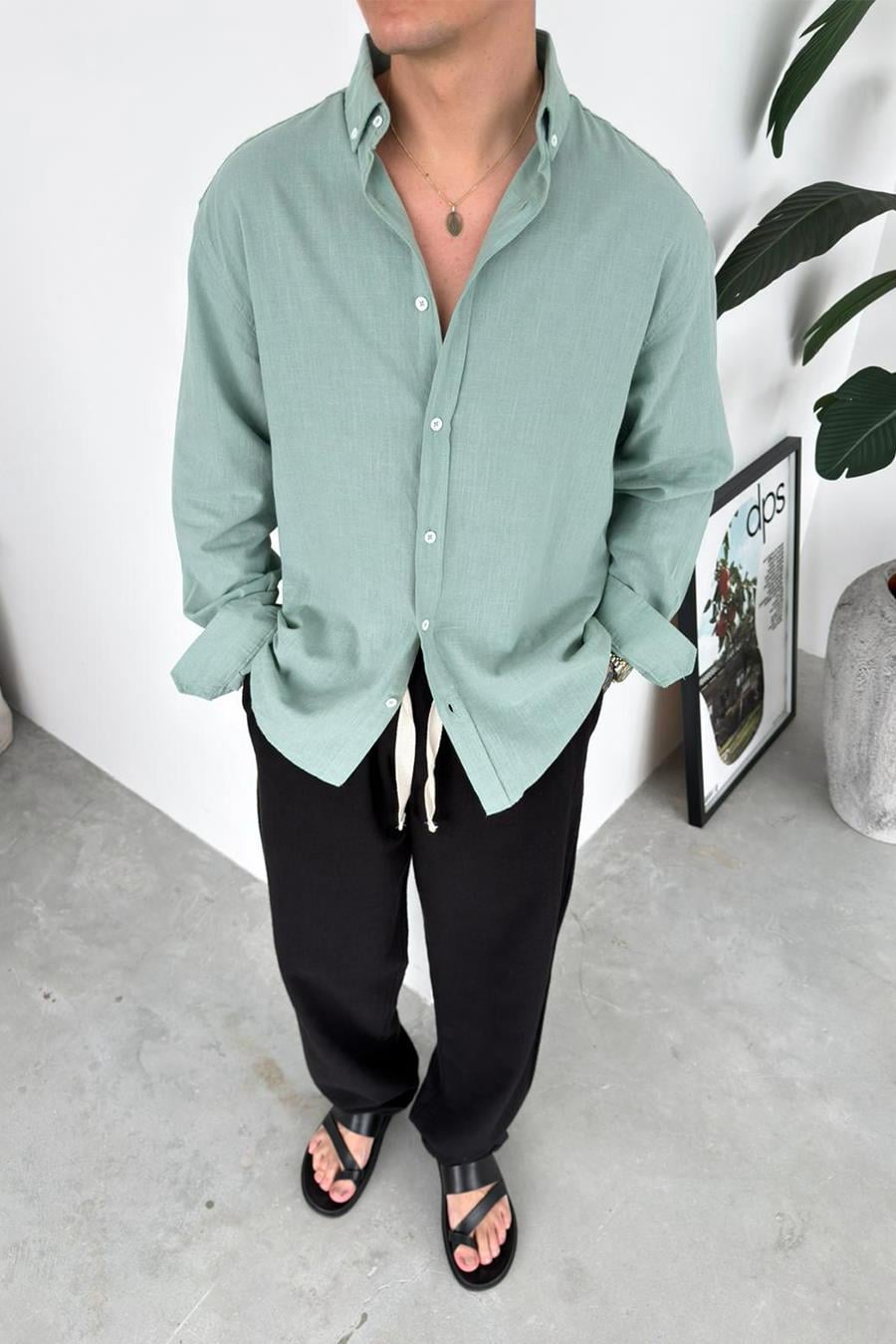 Mint Yeşili Oversize Fresh Keten Gömlek
