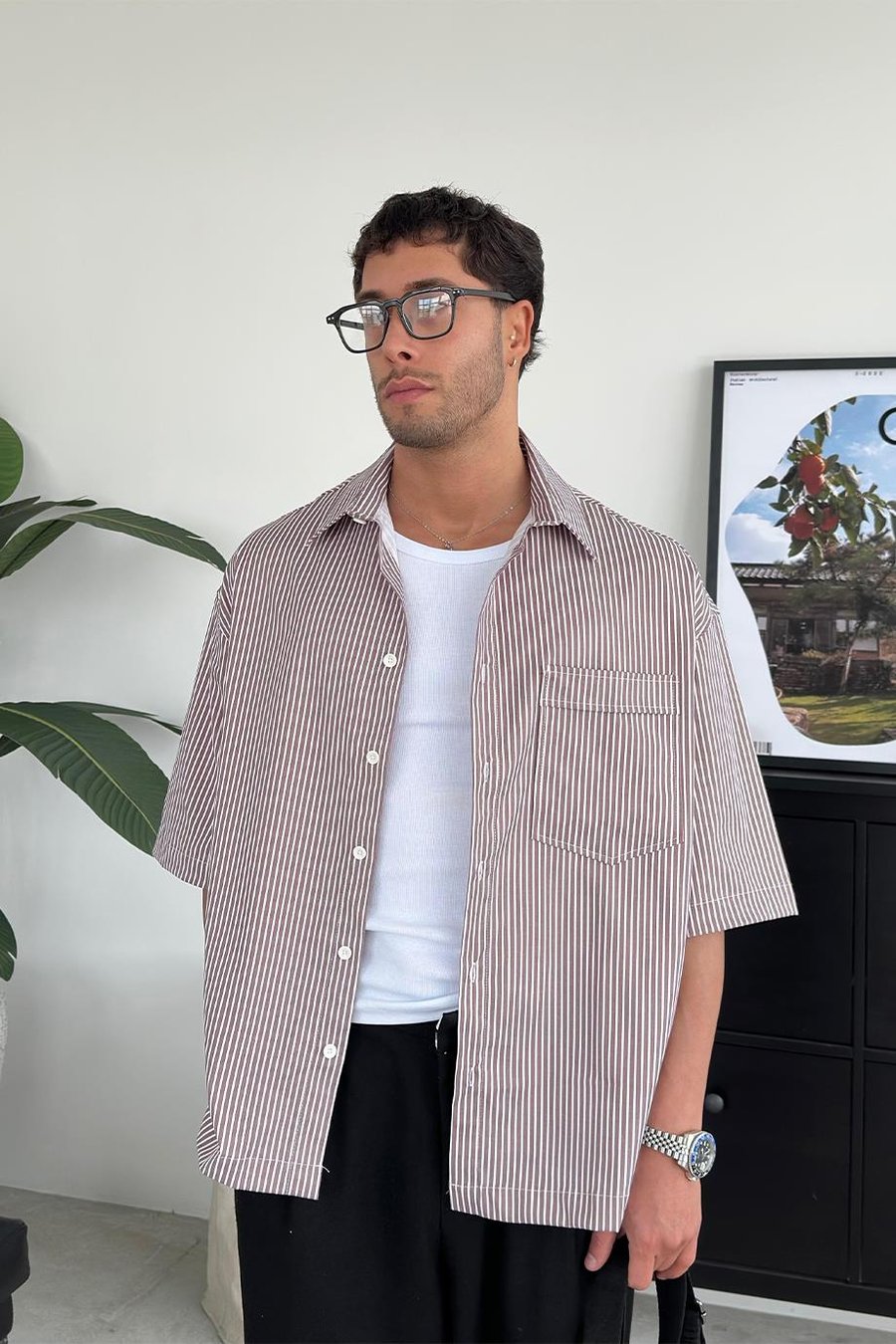Mürdüm Şerit Detay Ön Cepli 07 PH Oversize Gömlek