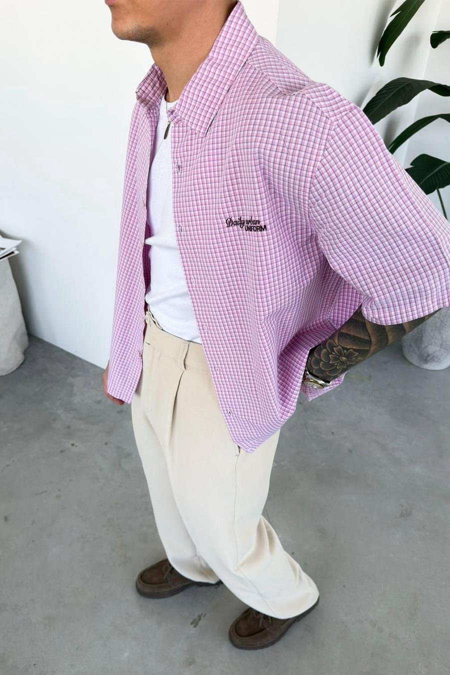 Pembe Daily Nakış Kareli Old School Oversize Gömlek