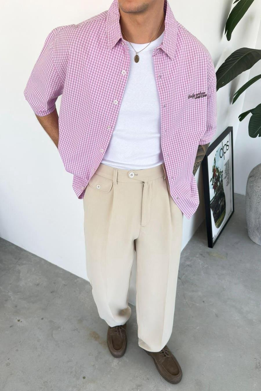 Pembe Daily Nakış Kareli Old School Oversize Gömlek