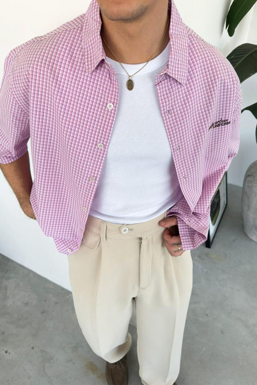 Pembe Daily Nakış Kareli Old School Oversize Gömlek
