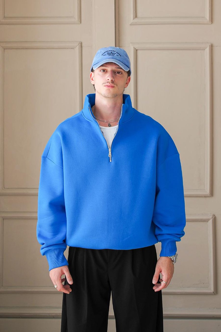 Saks Mavi Cozy Basic Yarım Fermuar Oversize Sweatshirt