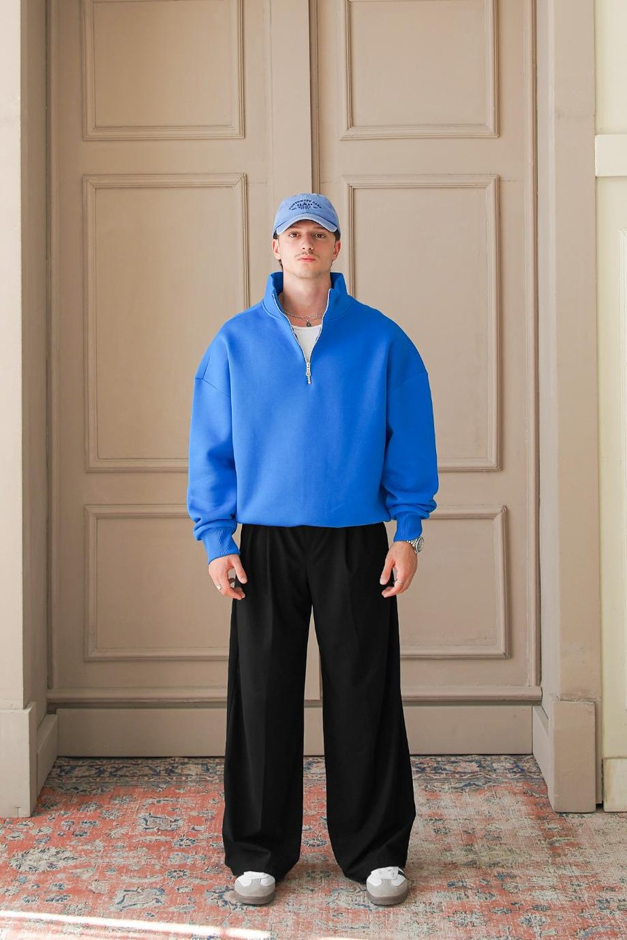 Saks Mavi Cozy Basic Yarım Fermuar Oversize Sweatshirt