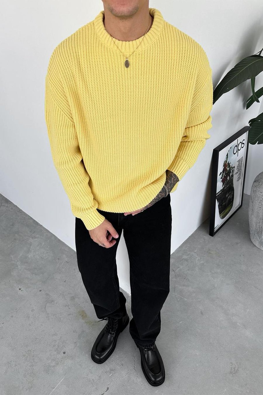 Sarı Örme Desen Oversize Triko Kazak