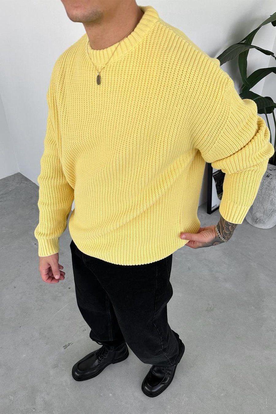 Sarı Örme Desen Oversize Triko Kazak