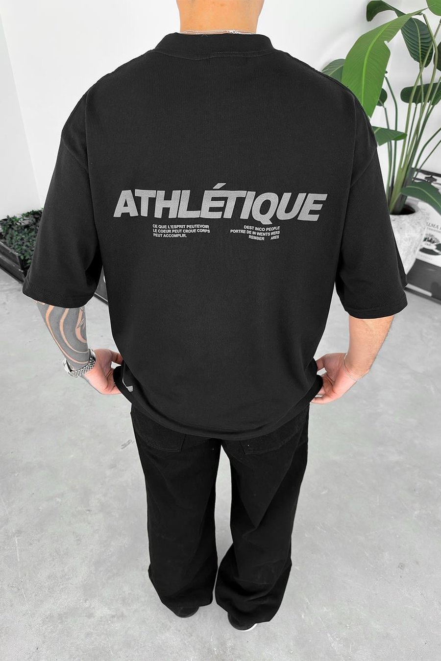 Siyah Atletique Baskılı Oversize Tişört