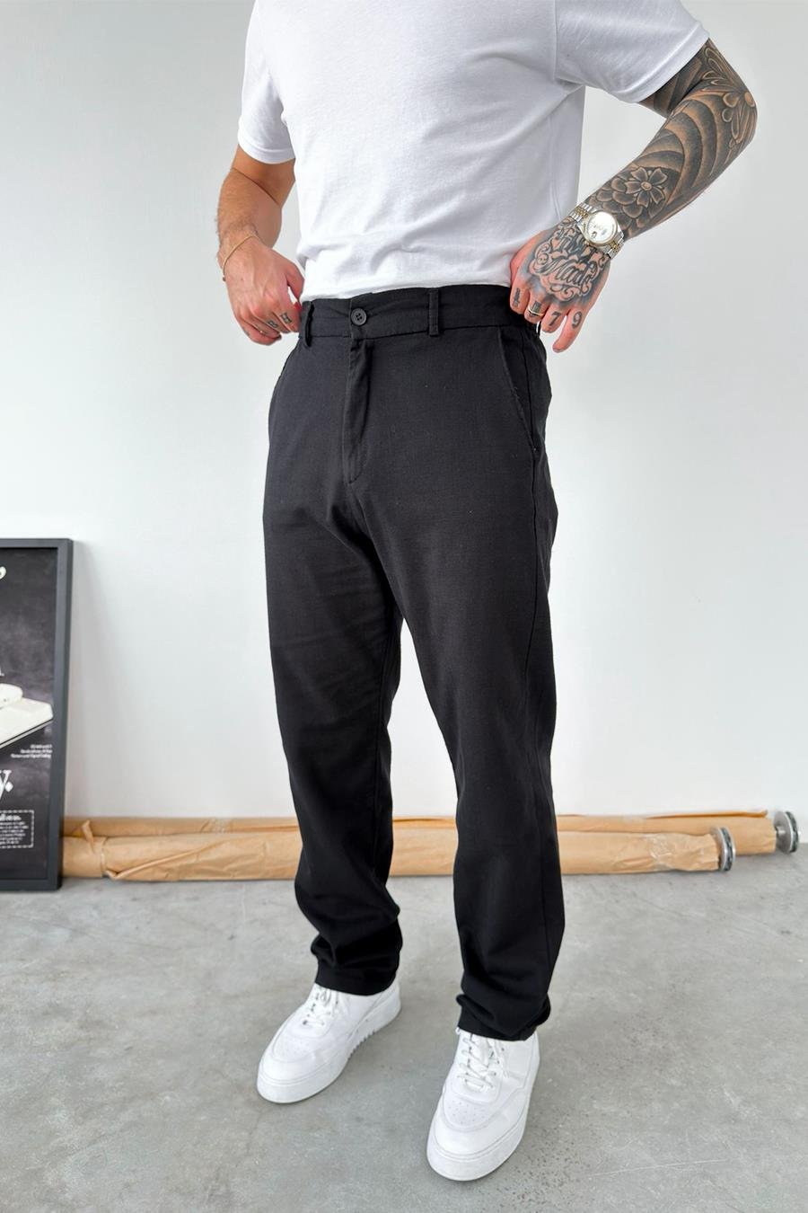 Siyah Baggy Keten Pantolon