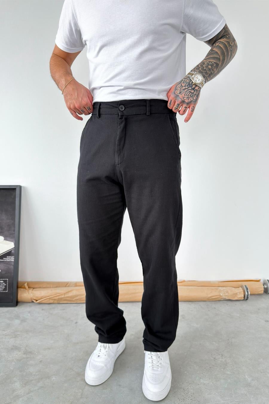 Siyah Baggy Keten Pantolon
