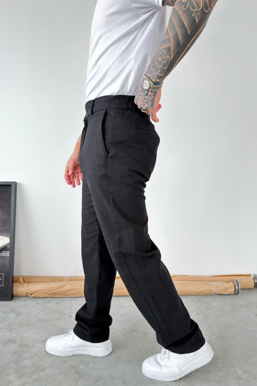 Siyah Baggy Keten Pantolon