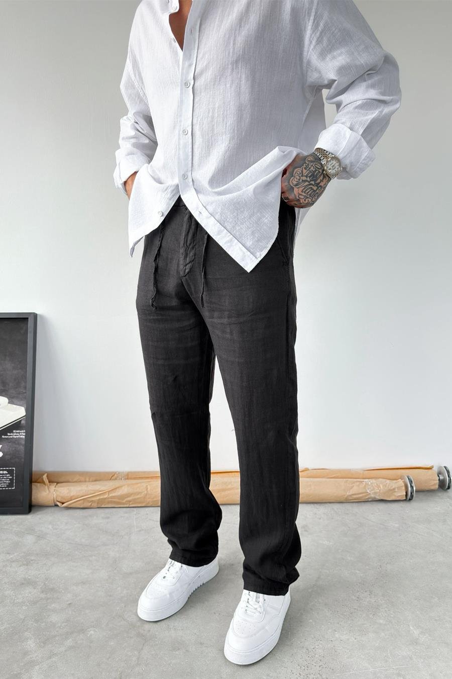 Siyah Basic Baggy Keten Pantolon