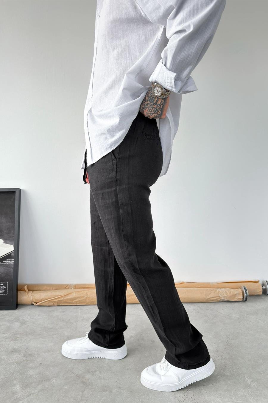 Siyah Basic Baggy Keten Pantolon