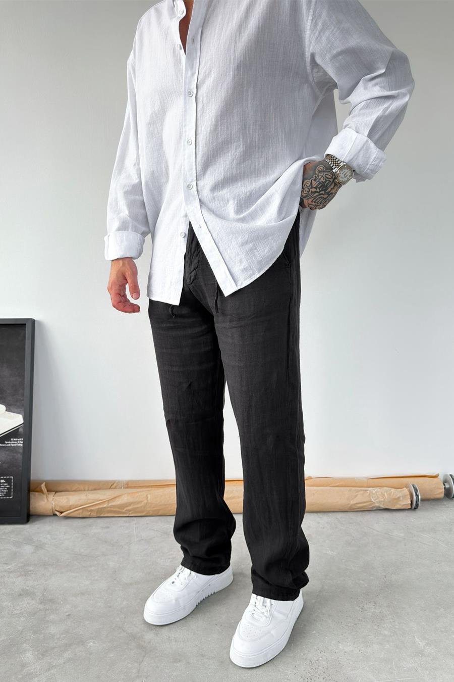 Siyah Basic Baggy Keten Pantolon