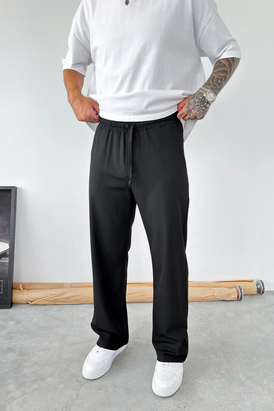 Siyah Basic Beli Lastikli Baggy Kumaş Pantolon