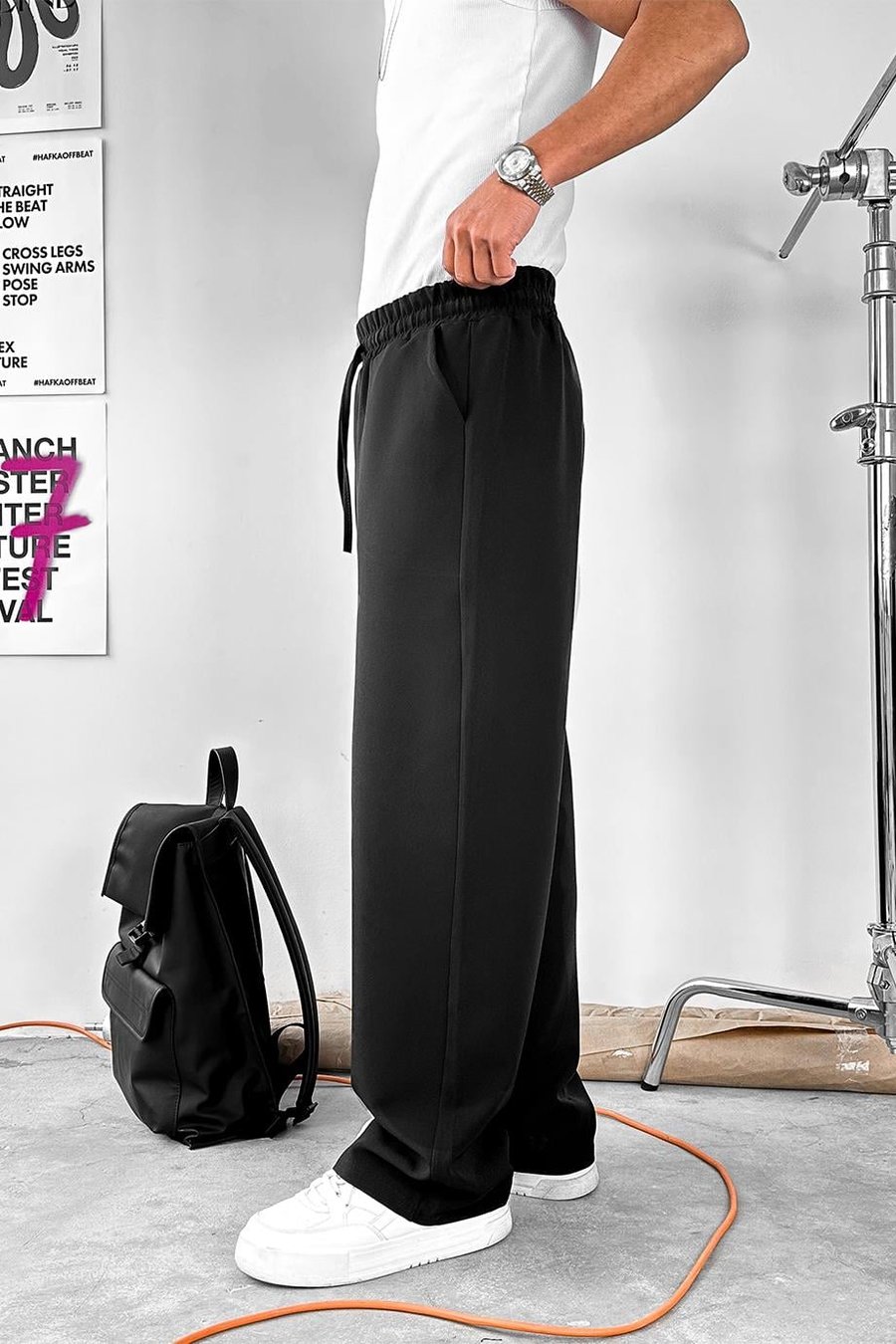 Siyah Basic Beli Lastikli Baggy Kumaş Pantolon