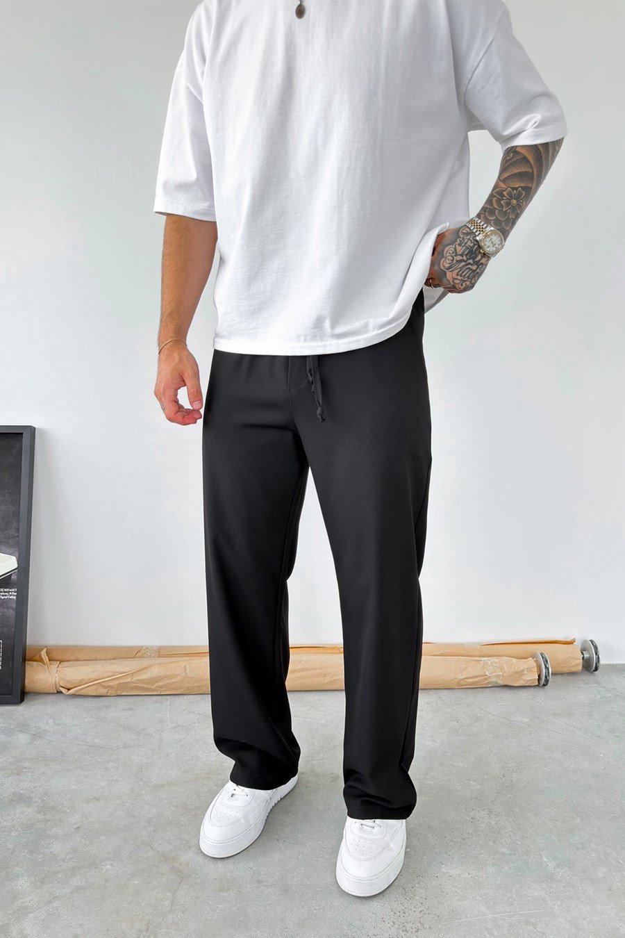 Siyah Basic Beli Lastikli Baggy Kumaş Pantolon