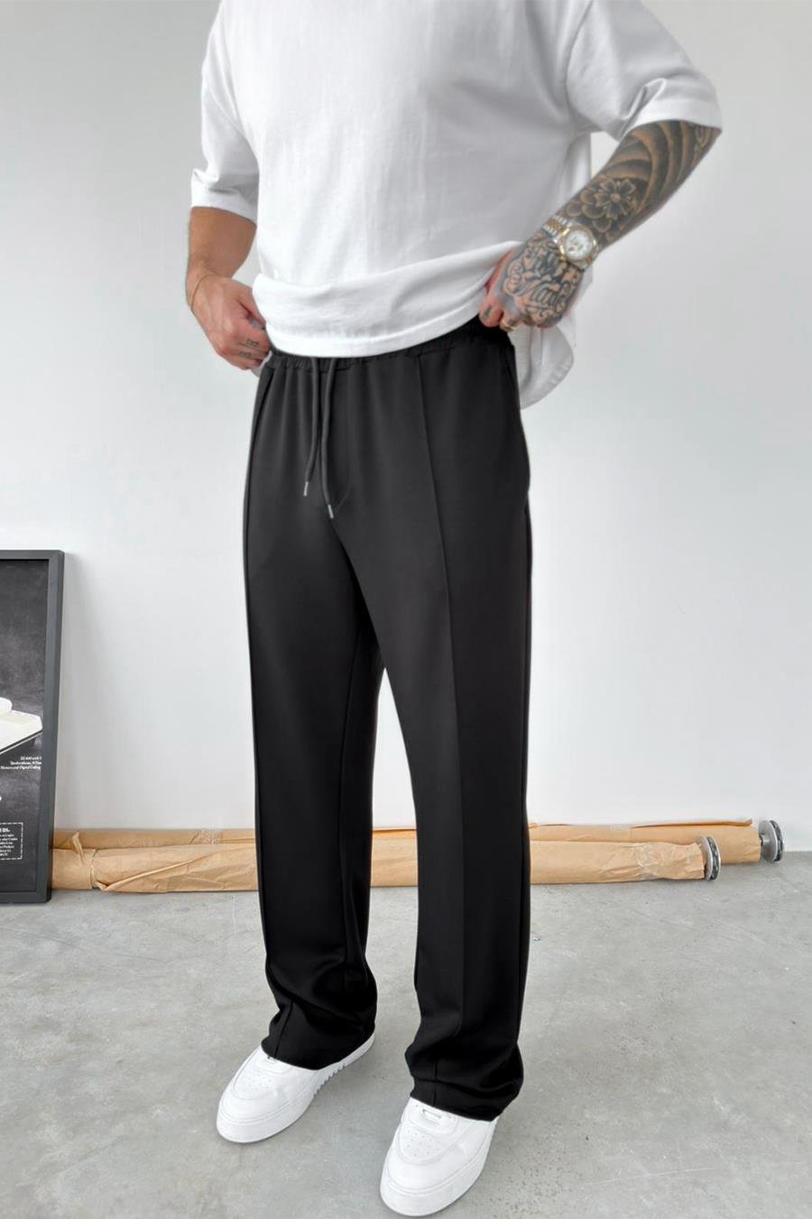 Siyah Basic Çımalı Baggy Eşofman