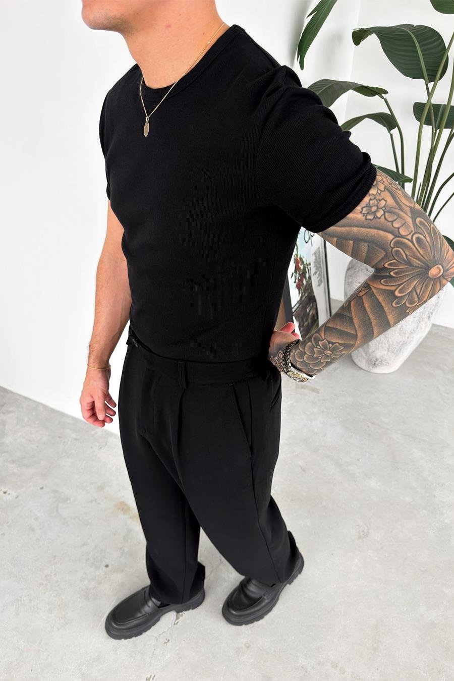 Siyah Basic Fitilli Relax Fit Tişört