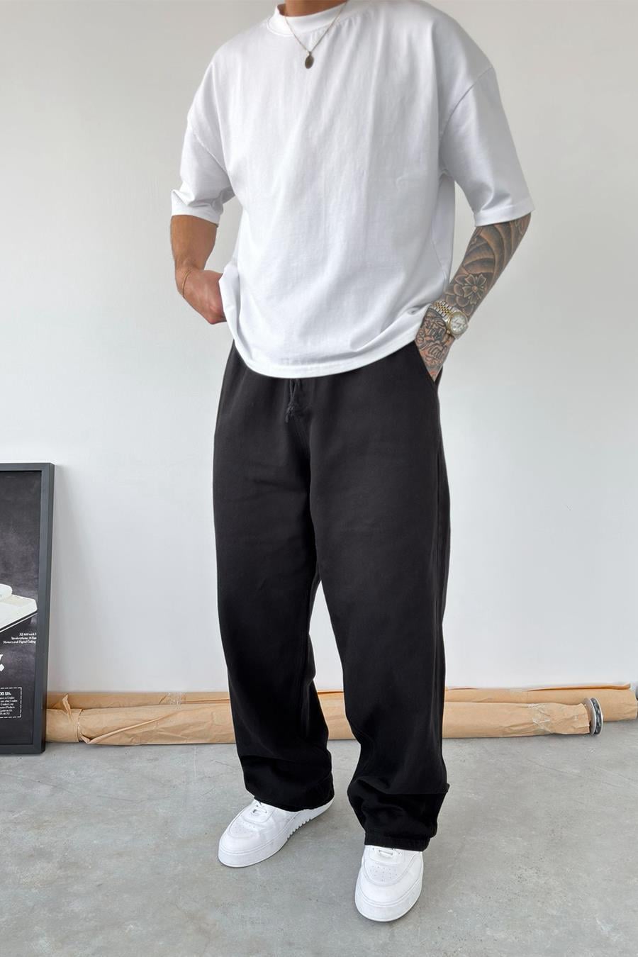 Siyah Basic Gabardin Baggy Pantolon