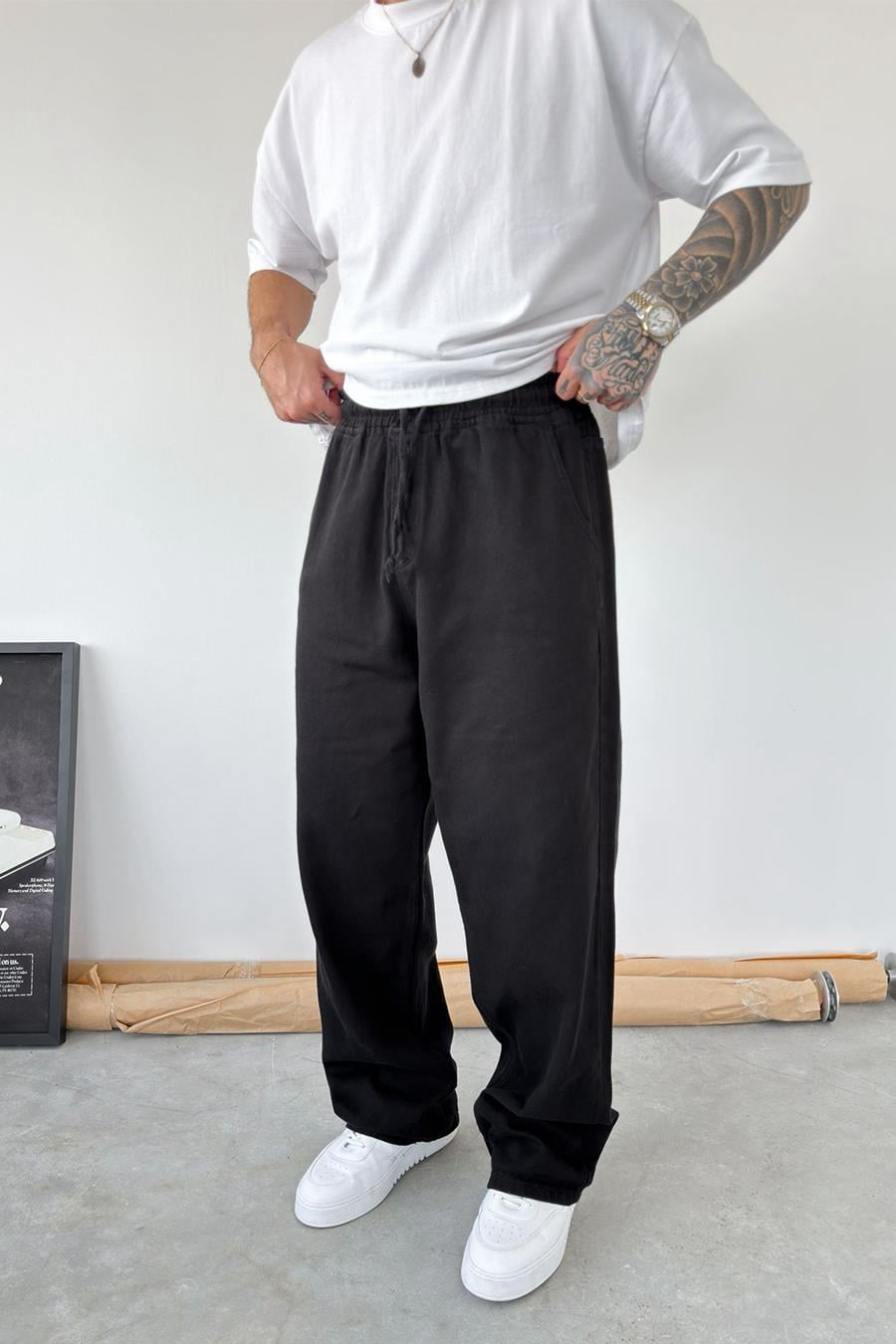 Siyah Basic Gabardin Baggy Pantolon