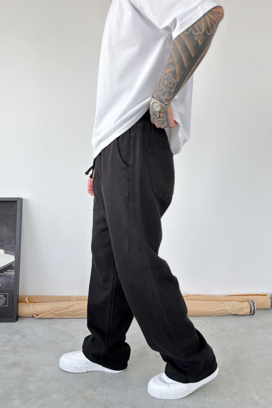 Siyah Basic Gabardin Baggy Pantolon