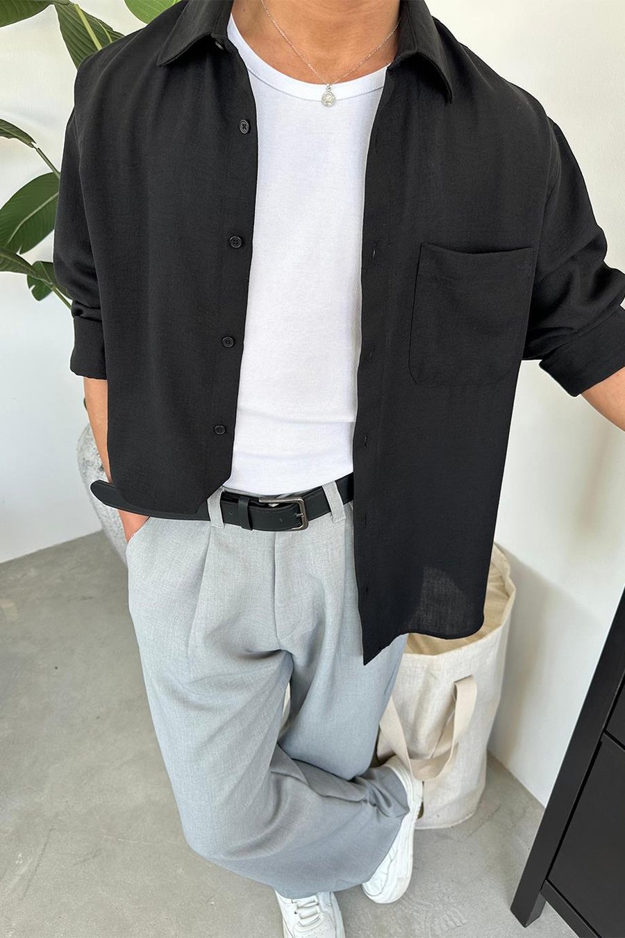 Siyah Basic Ön Cep Detay Oversize Gömlek