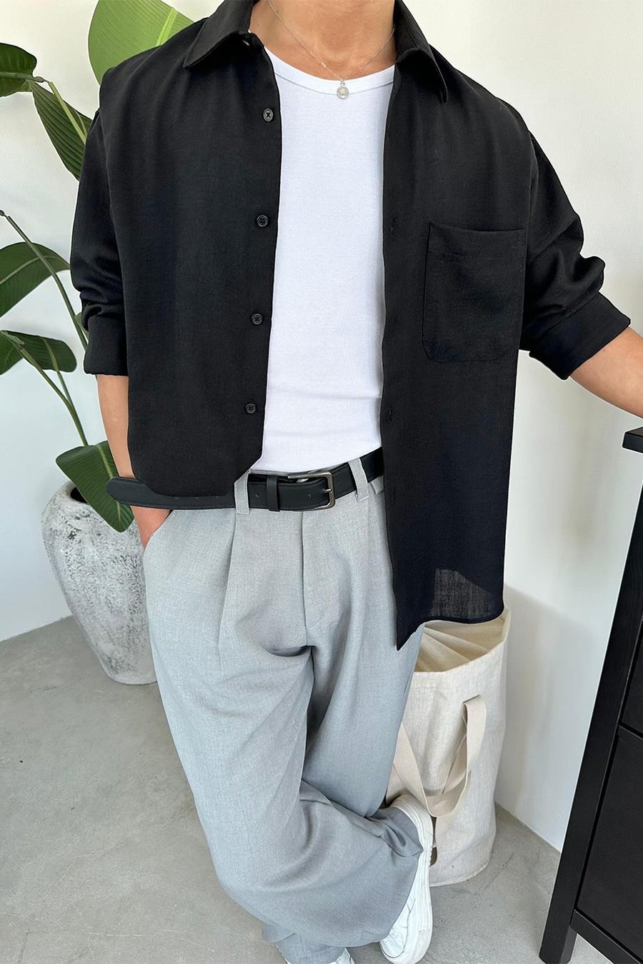 Siyah Basic Ön Cep Detay Oversize Gömlek
