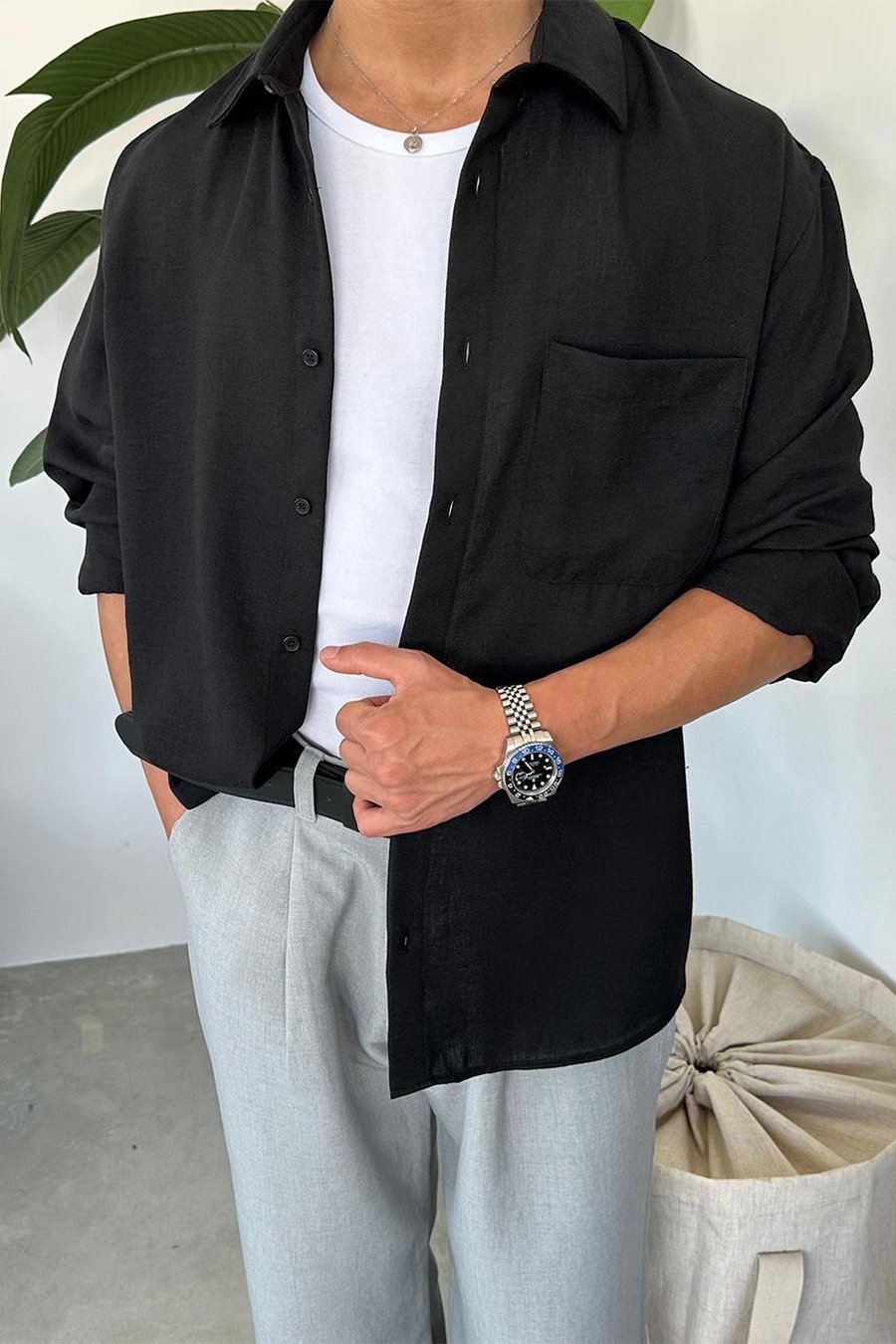 Siyah Basic Ön Cep Detay Oversize Gömlek